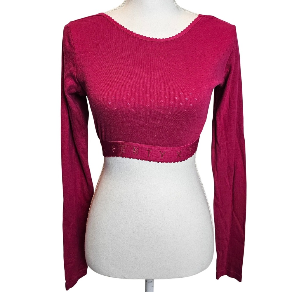 Savage X Fenty Pink Fuchsia Cotton Jersey Knit Long Sleeve Crop Top Size Small - Picture 2 of 10